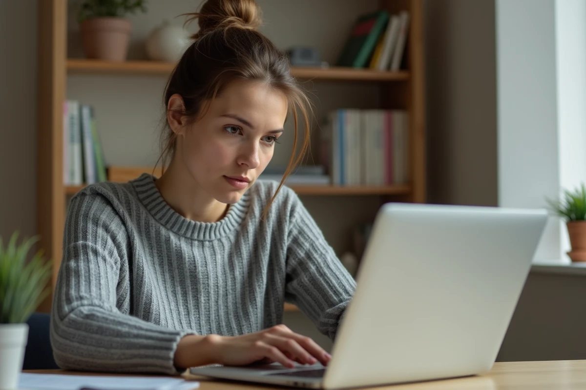 Femme concentrée qui passe un test de QI en ligne sur son ordinateur portable depuis son bureau à domicile