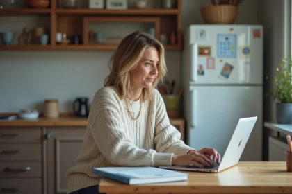Femme concentrée sur son ordinateur dans une cuisine moderne