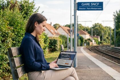 Femme en blouse navy et pantalon beige à la gare de Paris
