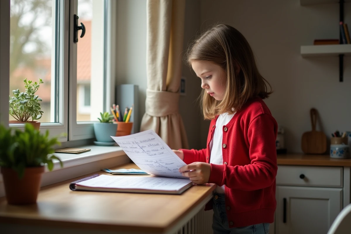 Fille française relisant sa dictée à la maison