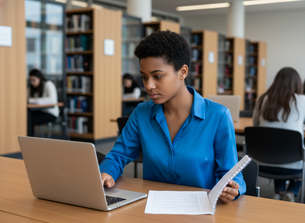 Jeune femme concentrée avec son ordinateur dans une bibliothèque moderne