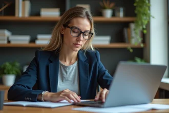 Femme utilisant son CPF pour financer une certification professionnelle dans le BTP sur son ordinateur portable à son bureau