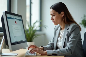 Femme fonctionnaire résolvant un message d'erreur sur un ordinateur de bureau dans un bureau administratif