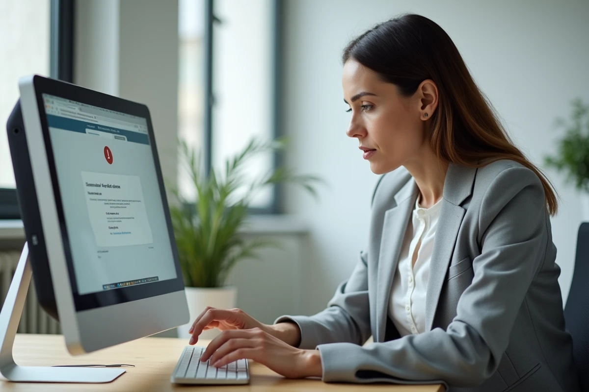 Femme fonctionnaire résolvant un message d'erreur sur un ordinateur de bureau dans un bureau administratif