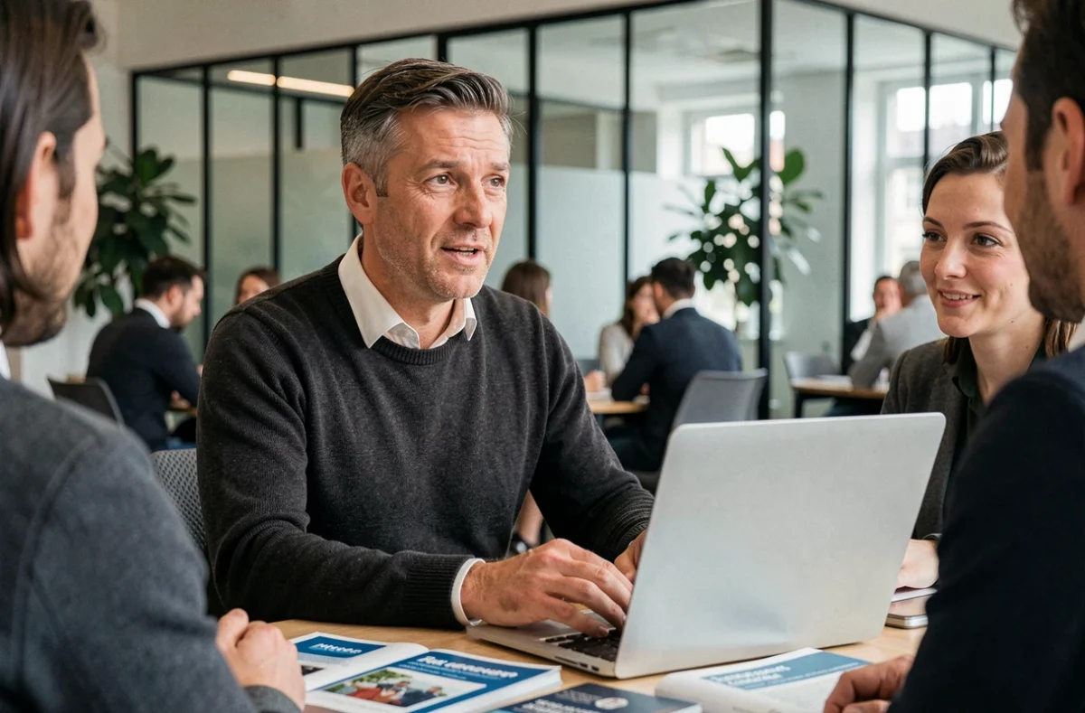 Formateur professionnel en discussion avec des participants lors d'un atelier de formation digitale à Paris
