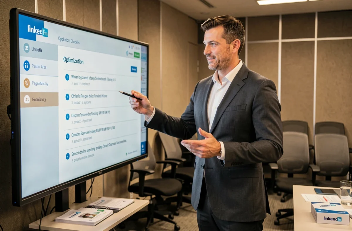 Formateur LinkedIn présentant une stratégie de prospection commerciale sur un écran interactif lors d'un séminaire professionnel
