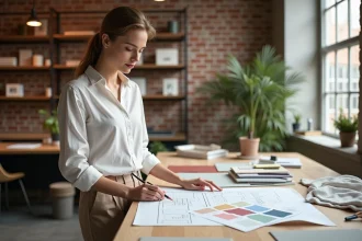 Femme en formation d'aménagement intérieur travaillant sur des planches d'humeur et des plans architecturaux dans un studio de design moderne