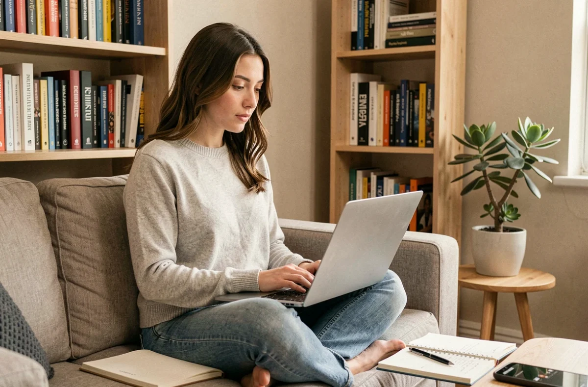 Jeune femme se formant à l'intelligence artificielle en ligne depuis son espace de travail à domicile