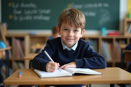 Garçon français de 10 ans souriant en classe