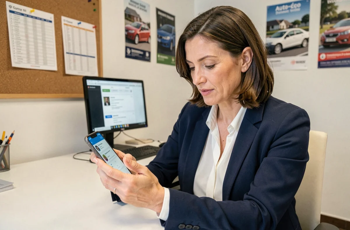 Responsable d'auto-école gérant son établissement depuis l'application ELGEAWEB sur smartphone dans son bureau