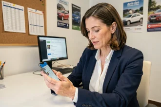 Responsable d'auto-école gérant son établissement depuis l'application ELGEAWEB sur smartphone dans son bureau