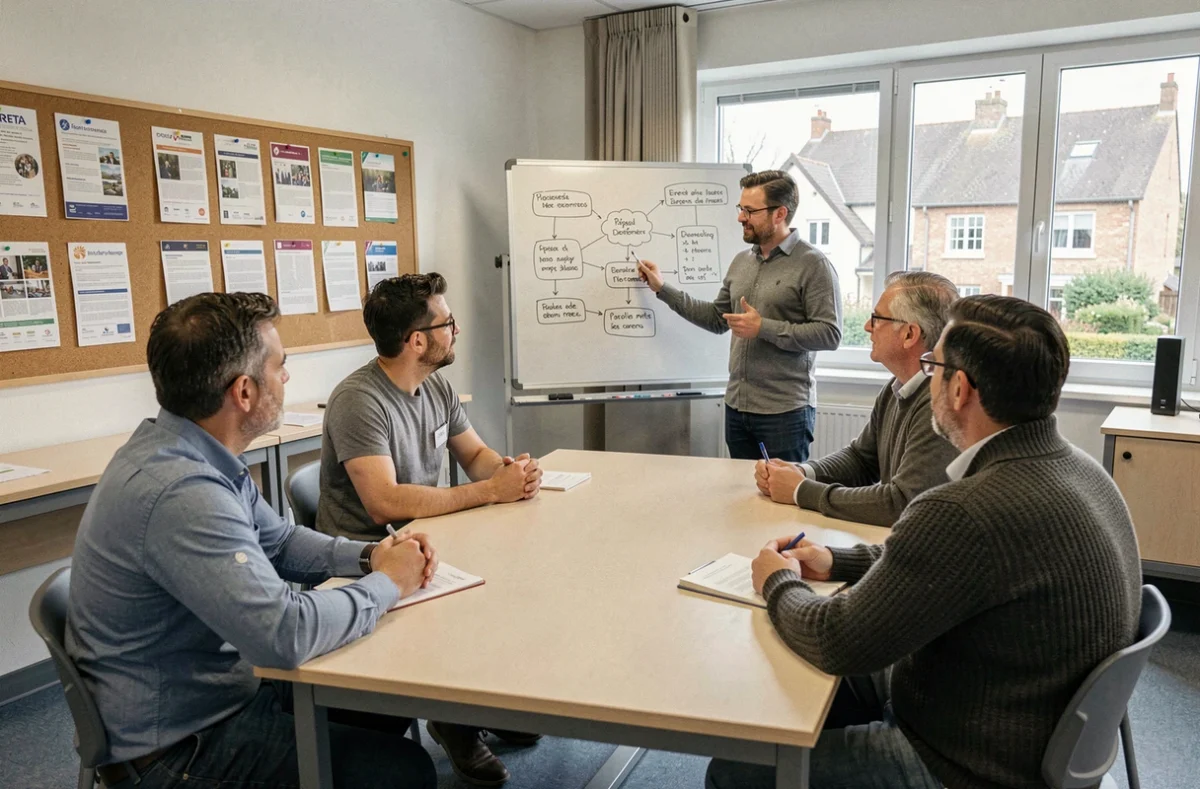 Groupe d'adultes en formation professionnelle autour d'un formateur au tableau dans un centre GRETA de la Marne
