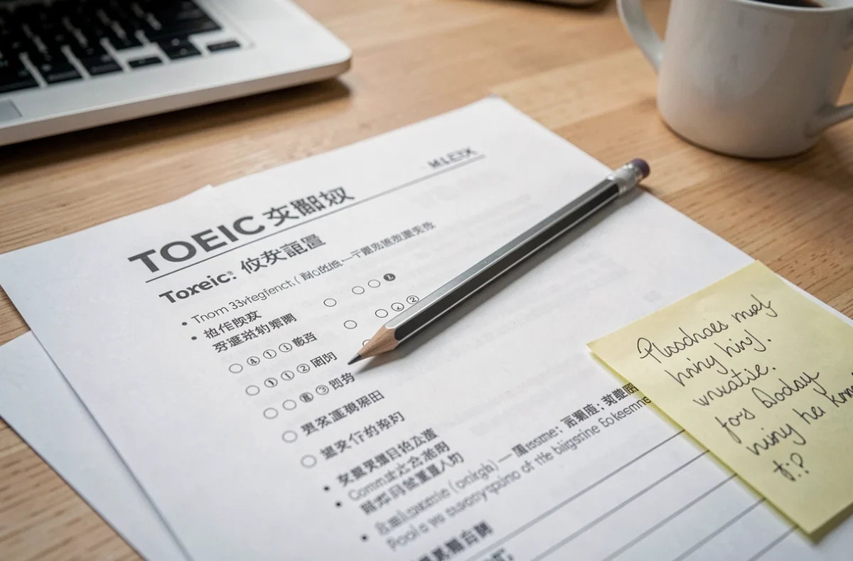 Gros plan de feuilles d'exemple TOEIC imprimées avec réponses annotées au crayon