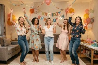 Groupe d'adultes en train de danser ensemble lors d'un anniversaire dans un salon décoré de ballons et de guirlandes