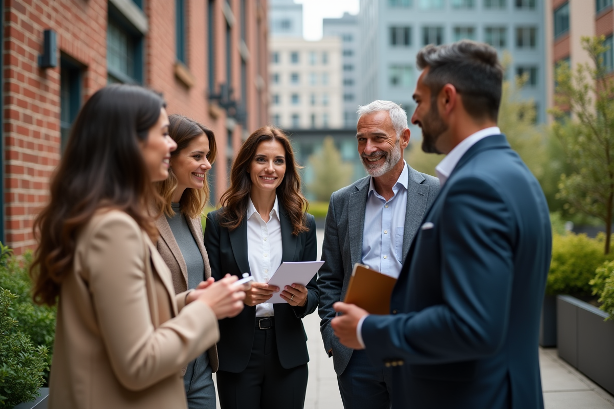 Groupe divers en discussion dans une cour urbaine