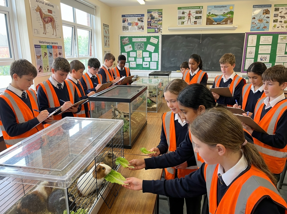 Enfants en classe avec terrariums et posters