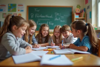 Groupe d'élèves de 10 ans en classe primaire travaillant ensemble