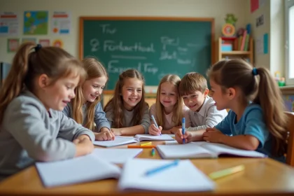 Groupe d'élèves de 10 ans en classe primaire travaillant ensemble