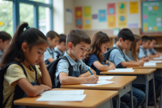 Groupe d'élèves de collège en classe avec livres et posters