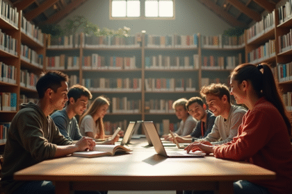 Groupe d'étudiants dans une bibliothèque lumineuse