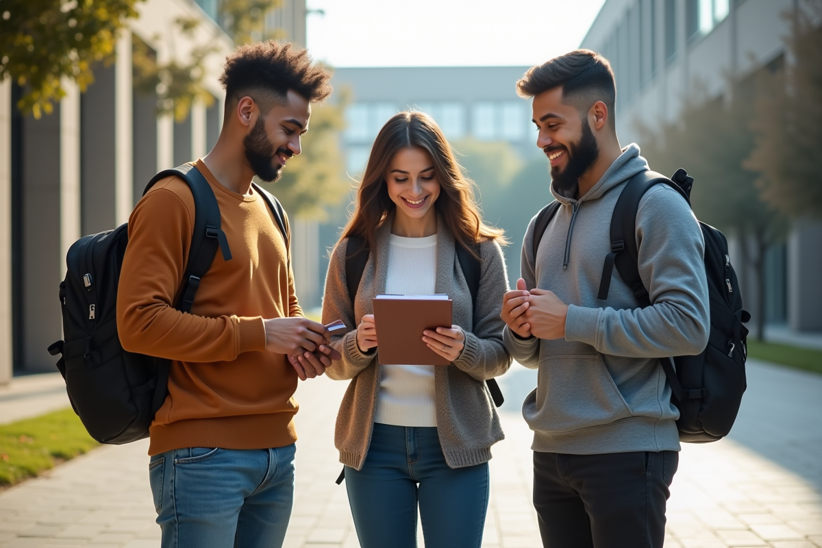 Trois étudiants discutant devant un bâtiment universitaire
