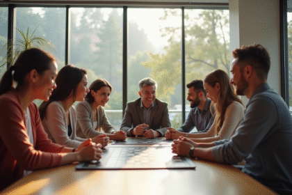 Groupe diversifié jouant à un jeu de société lumineux