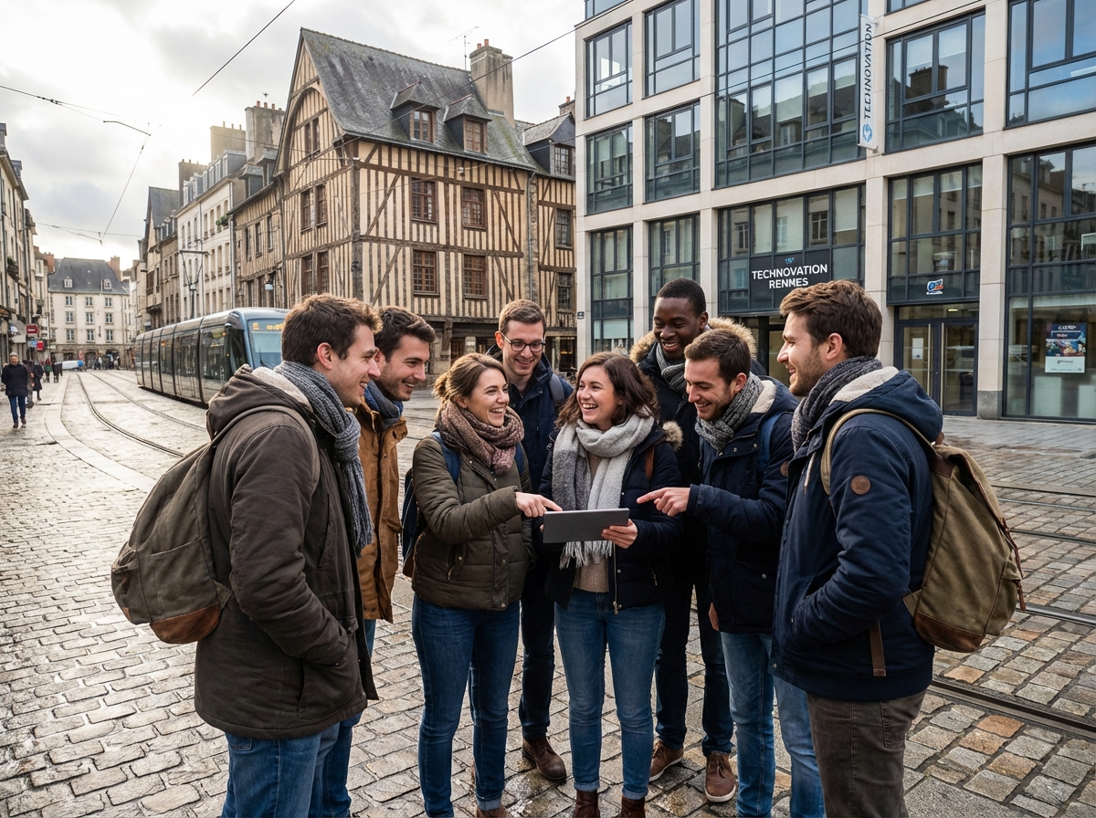 Groupe de jeunes discutant dans la rue de Rennes