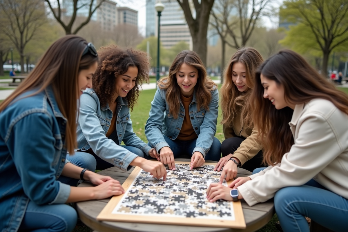 Jeunes adultes assemblant un puzzle en plein air
