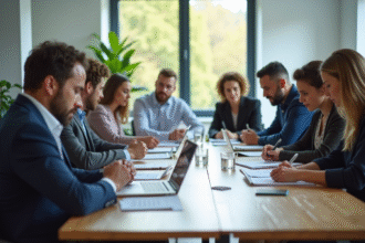Groupe de salariés publics lisant des documents officiels