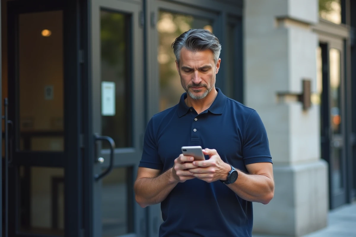 Homme accédant à l'extranet PSB sur mobile devant l'entrée d'un bâtiment professionnel