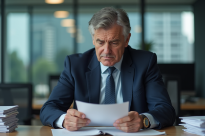 Homme d'affaires en costume regardant un certificat dans un bureau