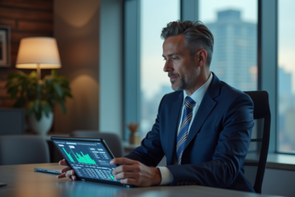 Homme d'affaires en costume regardant une tablette