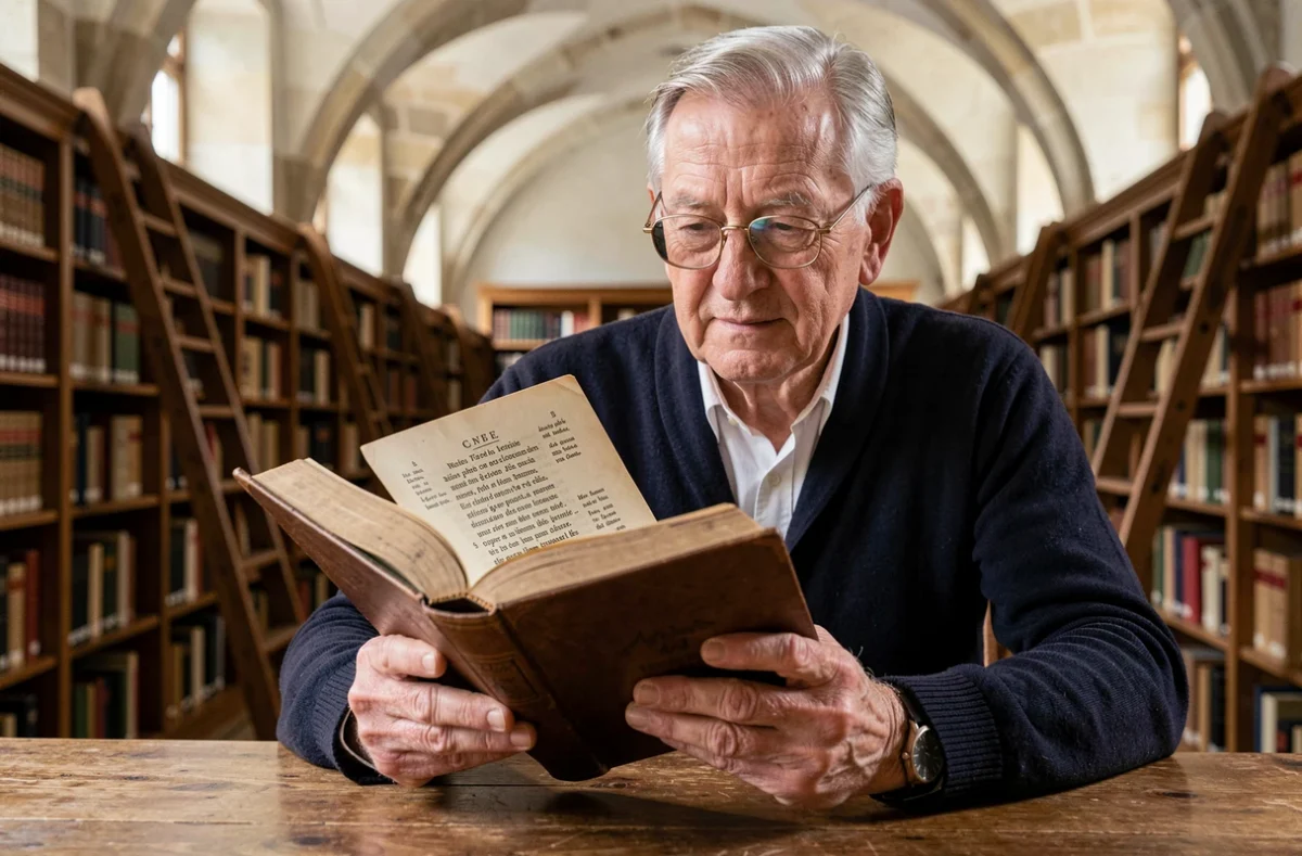 Homme âgé lisant un recueil de poésie française classique avec une strophe de six vers annotée dans une bibliothèque historique