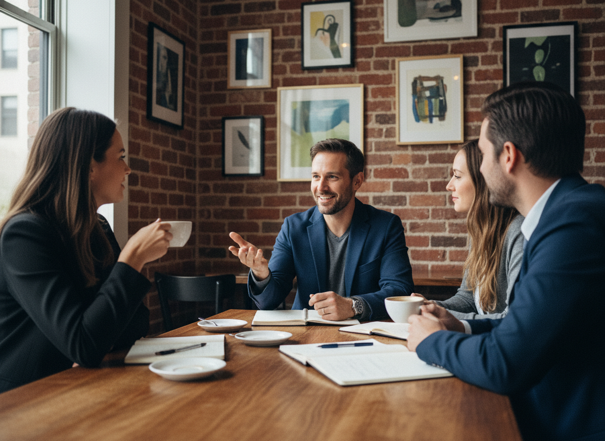 Homme discutant avec collègues dans un café cosy