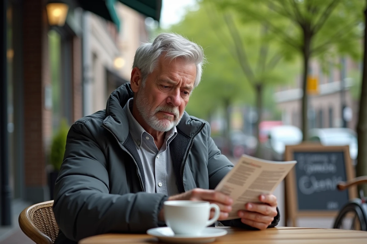 Homme lisant brochure de formation en terrasse de café