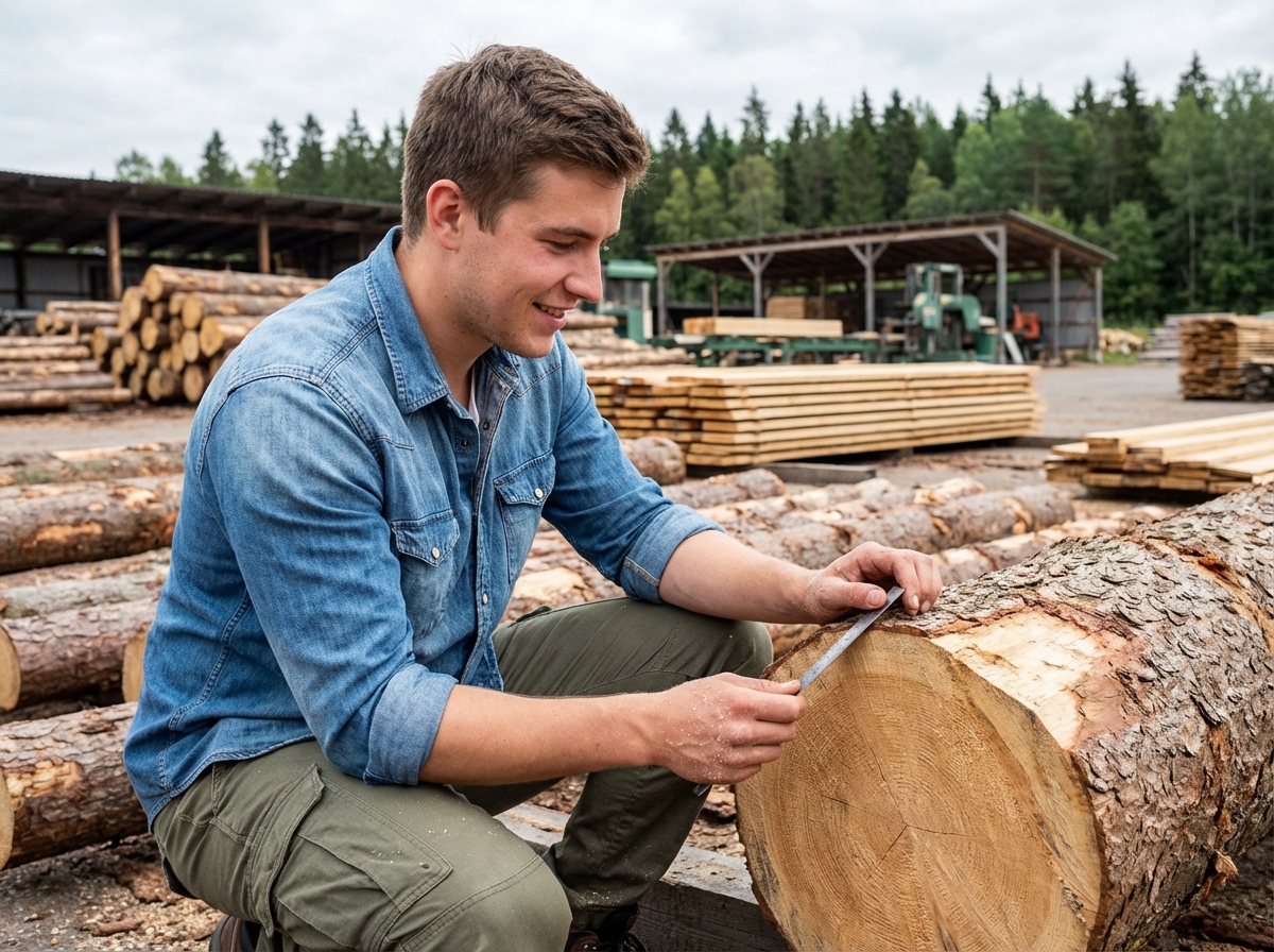 Jeune homme inspectant une pile de bois dans une scierie extérieure