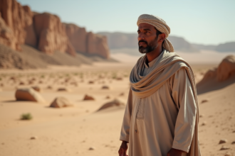 Homme nord-africain méditant dans le désert aride