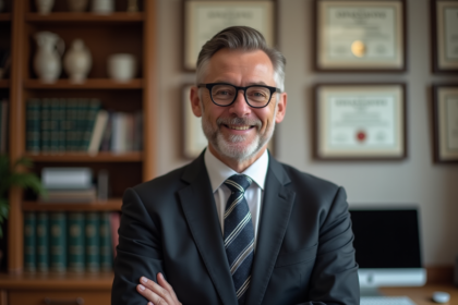 Homme d'âge moyen en costume devant diplômes