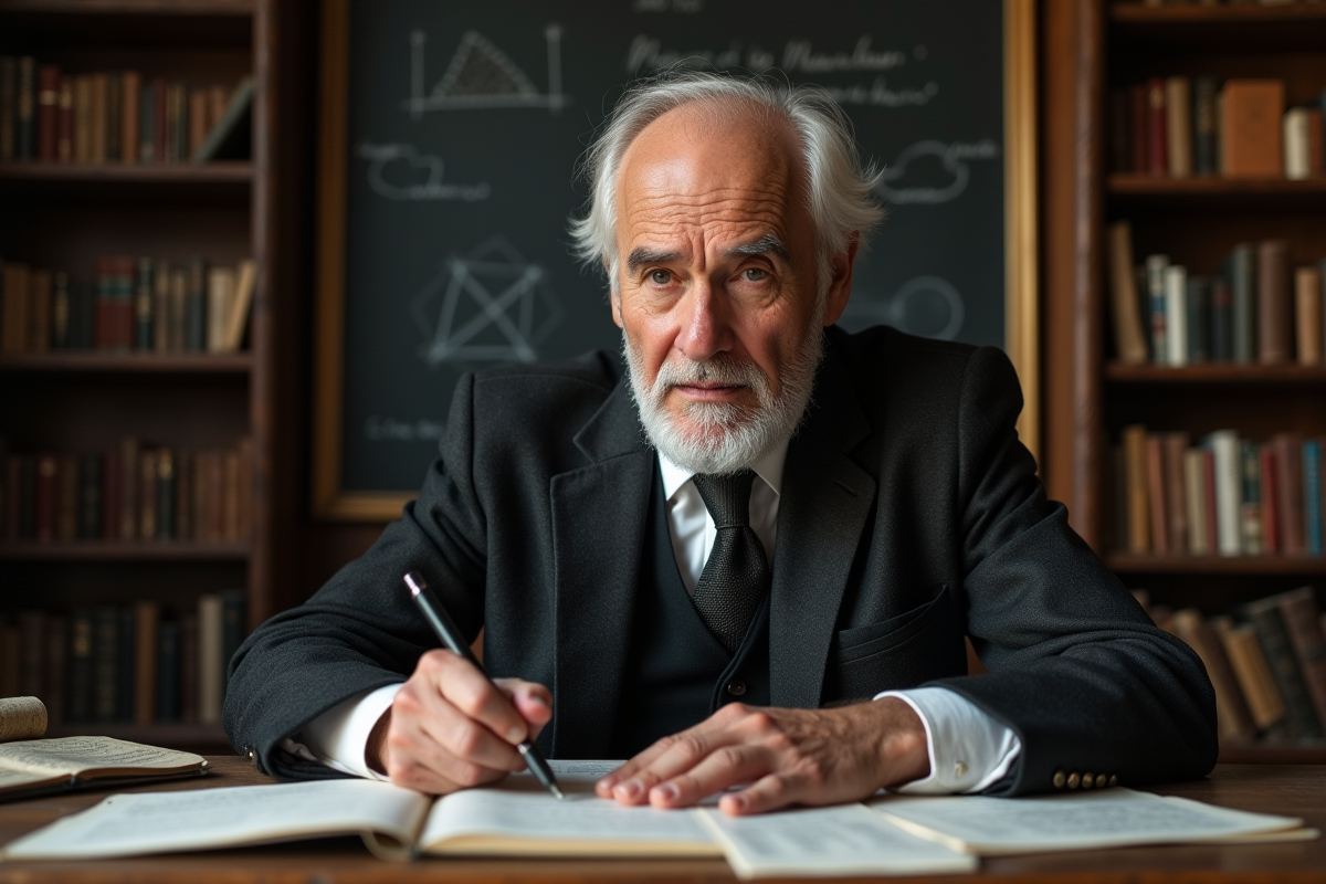 Homme âgé en costume dans une bibliothèque ancienne