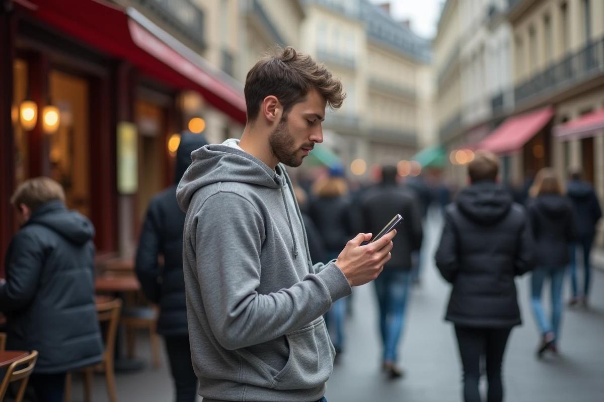 Jeune homme regardant son smartphone dans une rue parisienne