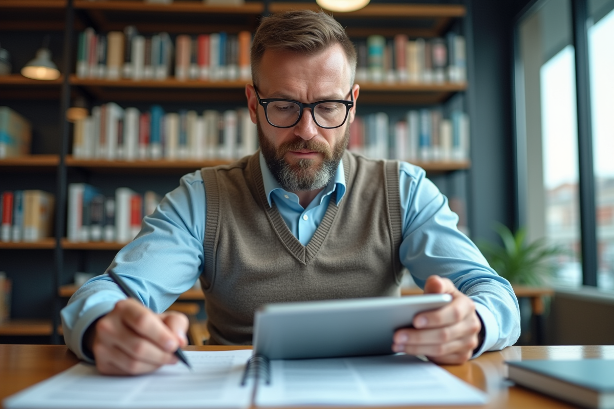 Homme lisant un document traduit dans une bibliothèque moderne