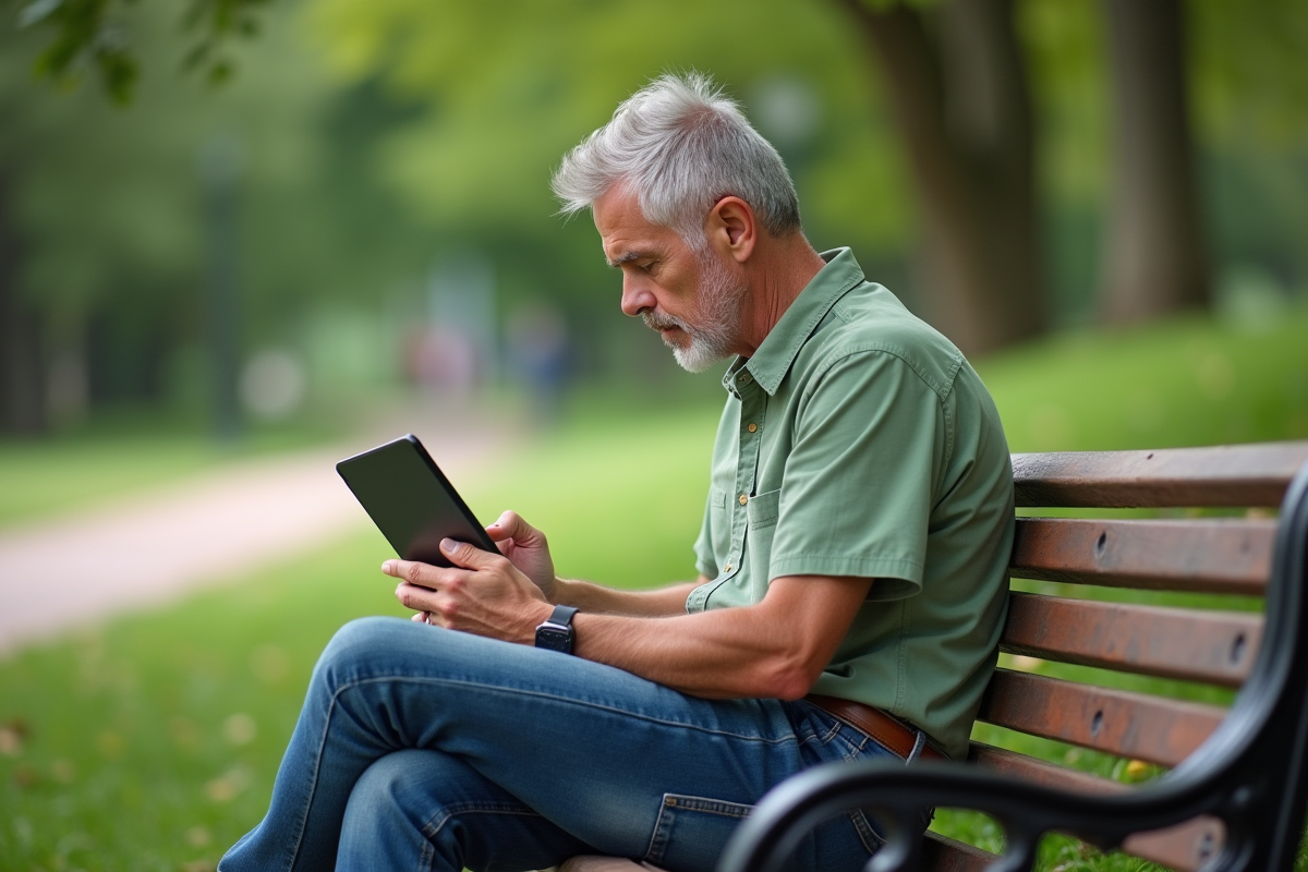 Homme détendu travaillant sur une tablette dans un parc