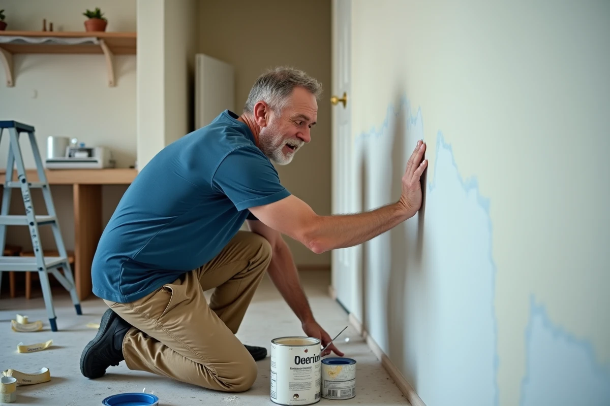 Homme en train de peindre un mur avec tache de peinture