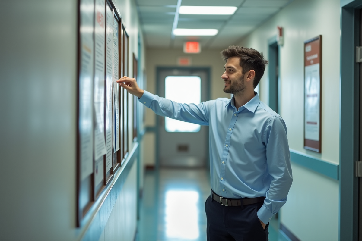 Jeune homme épingle une affiche dans un couloir officiel