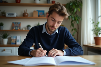Jeune homme concentré remplissant ses formulaires fiscaux à la maison