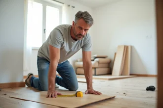 Homme adulte posant du parquet stratifié dans un salon en rénovation, illustrant l'autonomie en bricolage à domicile