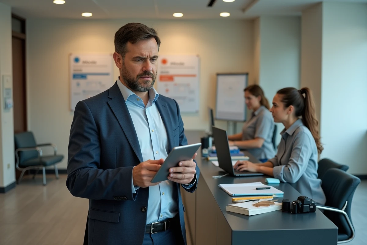 Homme d affaires parlant avec une reception dans un centre éducatif