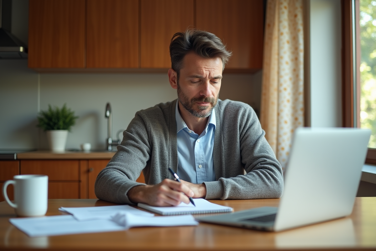 Homme réfléchi dans sa cuisine avec papiers et ordinateur