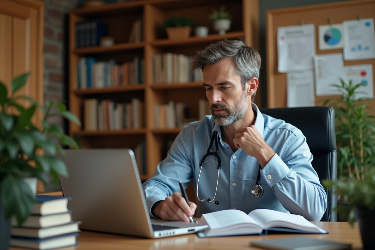 Homme en tenue semi-formelle retirant un stethoscope à son bureau