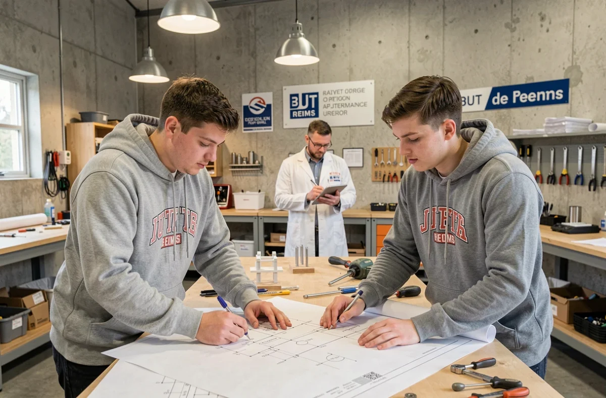 Deux étudiants en alternance étudiant des plans techniques dans un atelier de l'IUT de Reims sous la supervision d'un encadrant